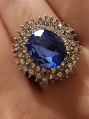 Blue Simulated Saphire Oval Halo Cocktail Ring 14k White Gold Plated